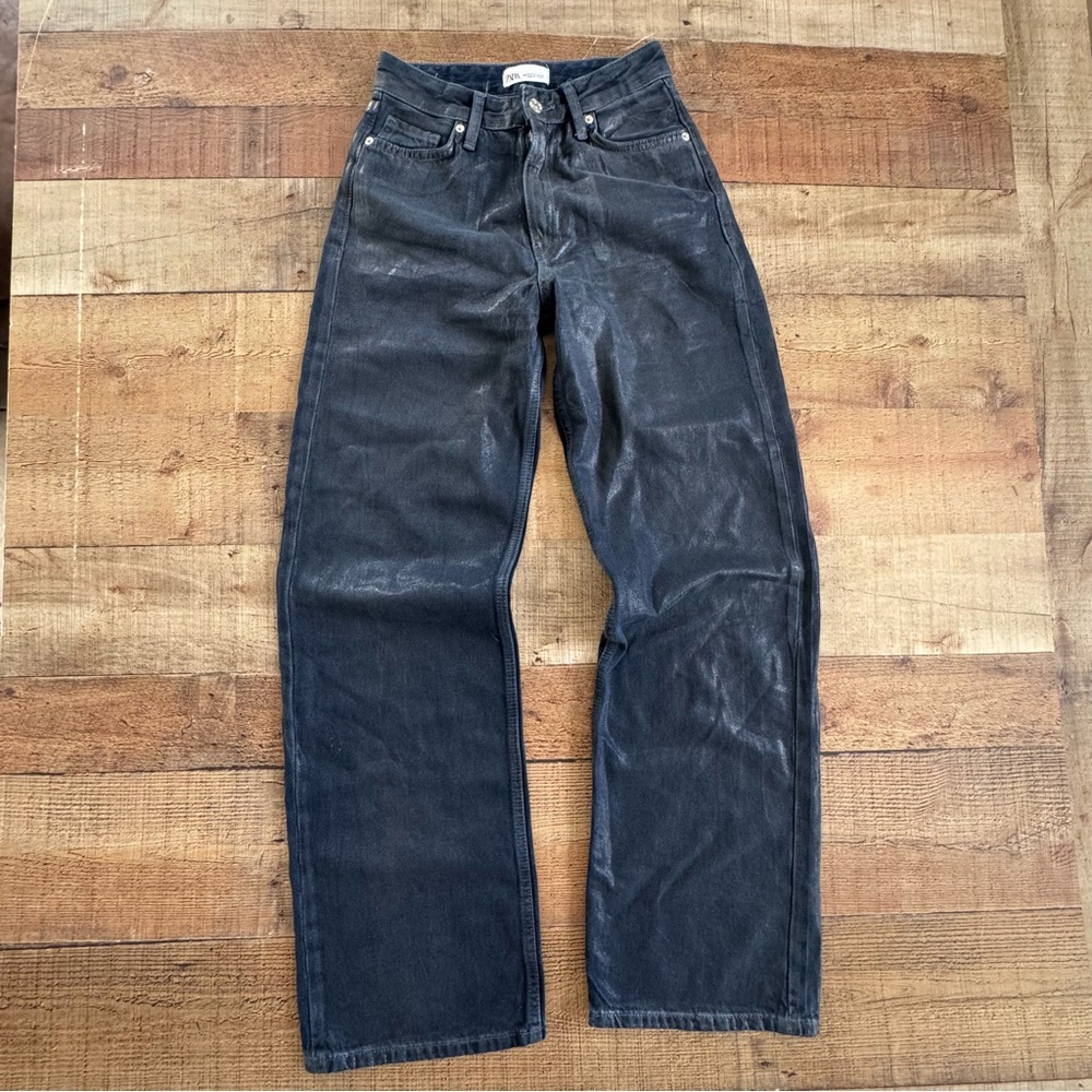 ZARA Straight Leg High Rise Shiny Denim Jeans Size 0